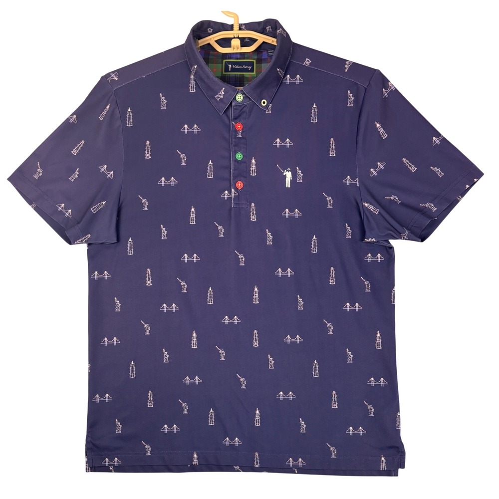 William Murray Golf Polo Mens Medium Blue Holiday Landmark Print Christmas Shirt - Picture 1 of 6